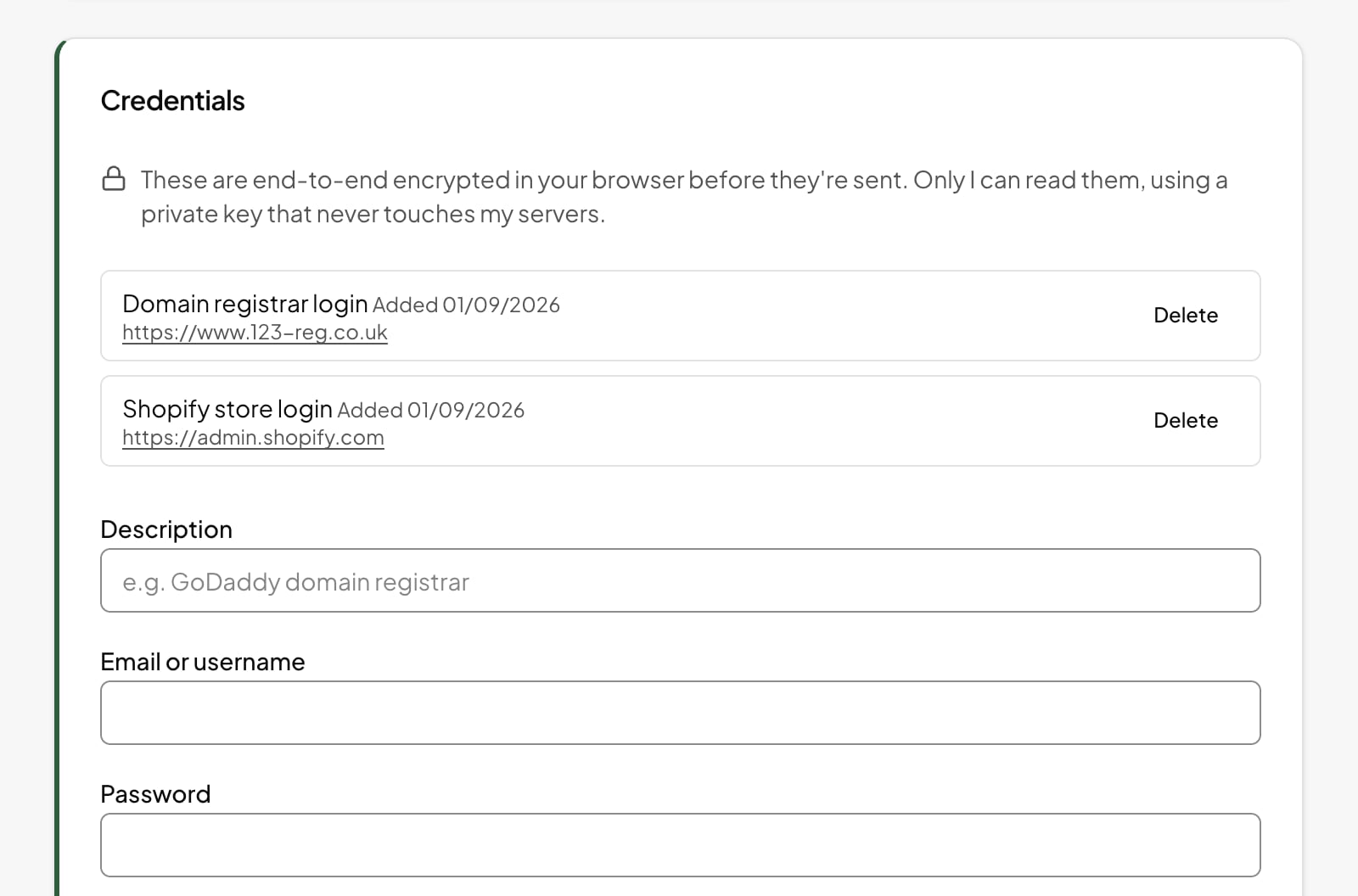 The credentials card on a project, listing a domain registrar login and a Shopify store login that have been shared securely.