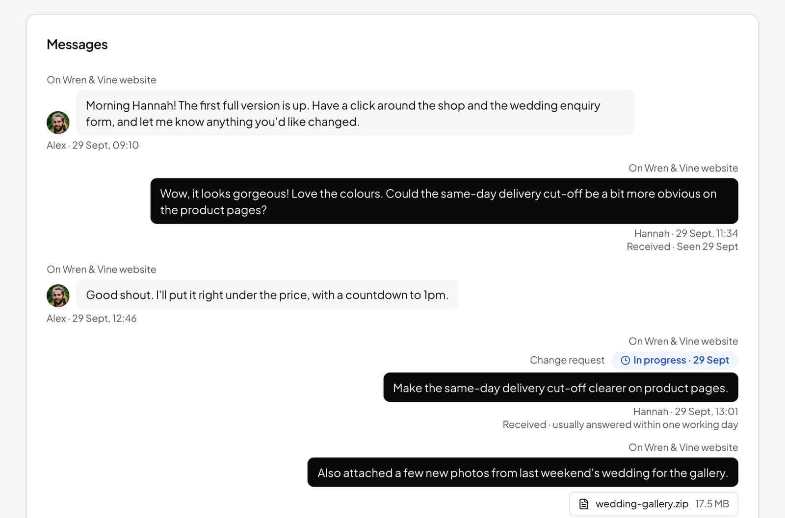 A message thread between me and the client about their new site, with a change request marked as in progress.